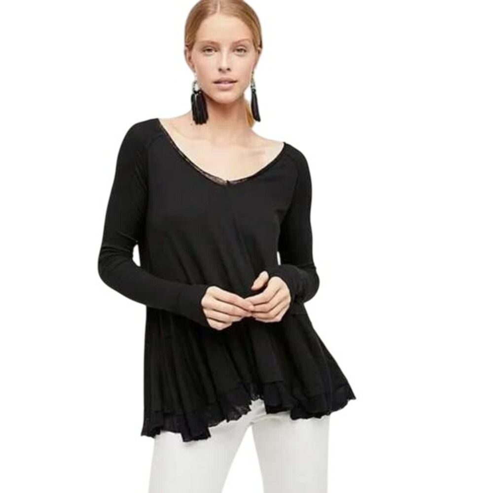 We The Free Black Long Sleeve V Neck Top Ribbed Free people XS thumbhole